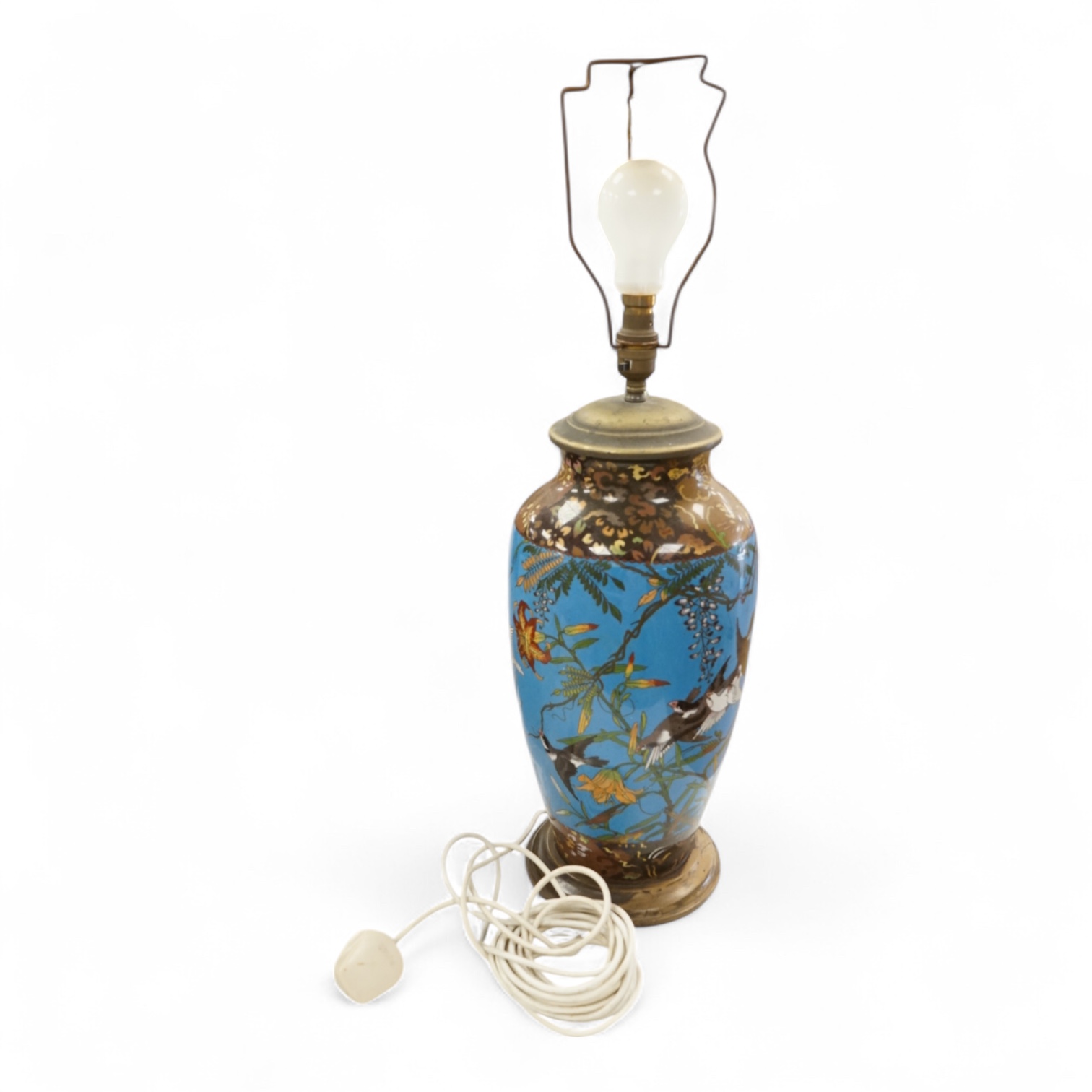 A large Japanese cloisonné enamel vase, Meiji period, converted to a table lamp, 44cm high excluding the fitting